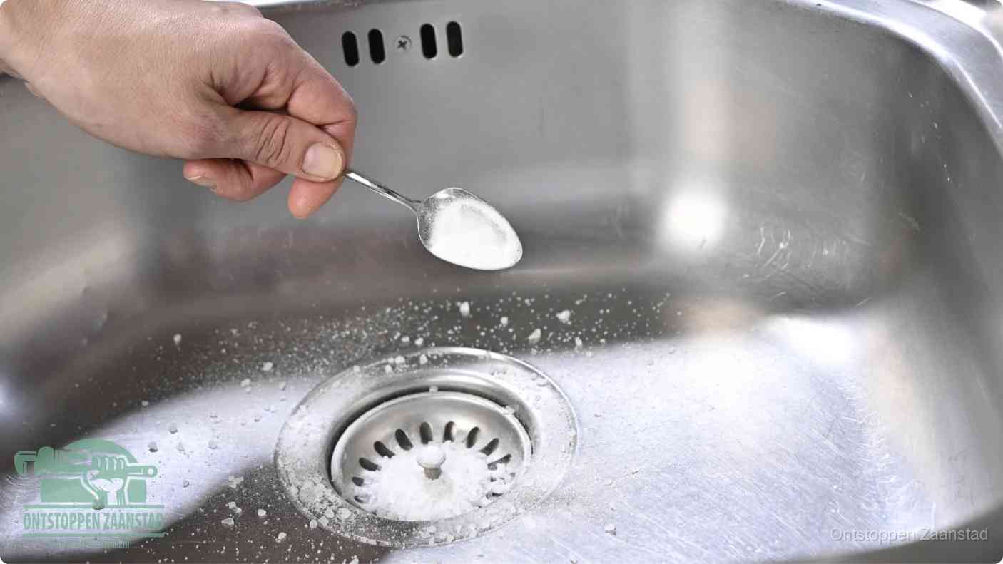 Een hand strooit met een lepel soda in de afvoer van een roestvrijstalen spoelbak, de soda en azijn huismiddel-methode om de afvoer te ontstoppen in Zaanstad