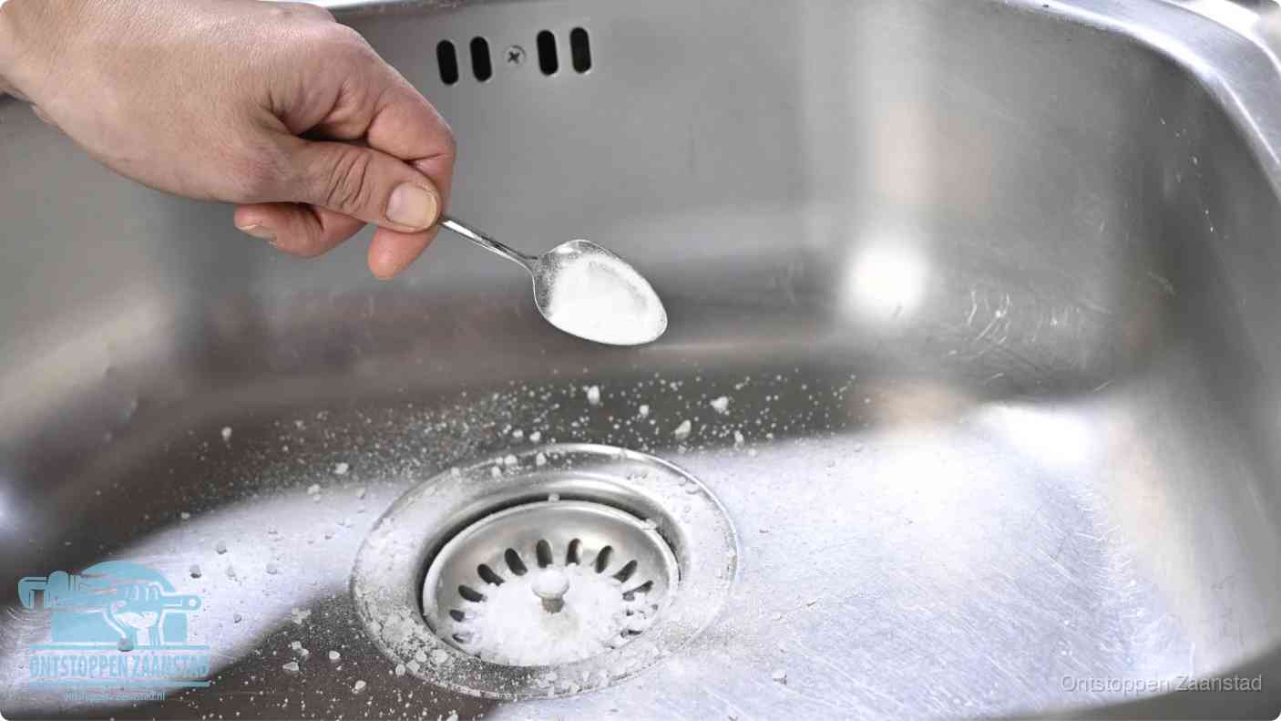 Een hand strooit met een lepel soda in een afvoerputje, de soda en azijn huismiddel-methode om de wc te ontstoppen in Zaanstad