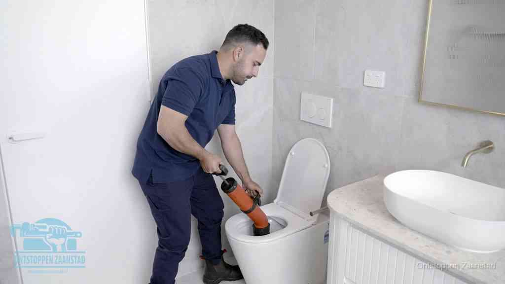 Een monteur gebruikt een handmatige perspomp (toiletontstopper) op een wandcloset tijdens het professioneel wc ontstoppen in Zaanstad